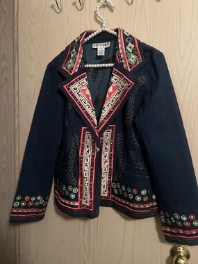 Entice Embroidered Navy Jacket with Coral Trim